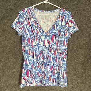 Lilly Pulitzer Shirt Womens Medium Blue Sailboat Print Nautical V Neck Tee